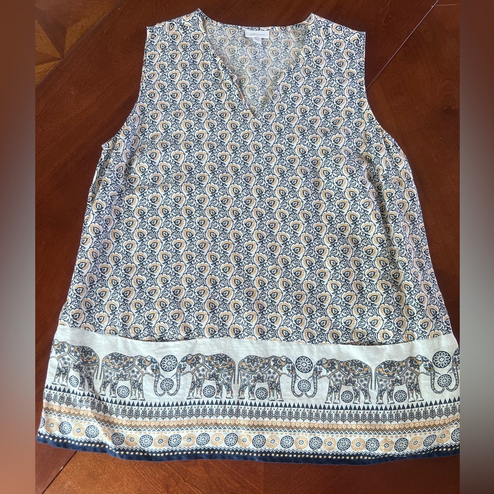 J. Jill Blue and White Sleeveless Blouse with Paisley and Elephant Print